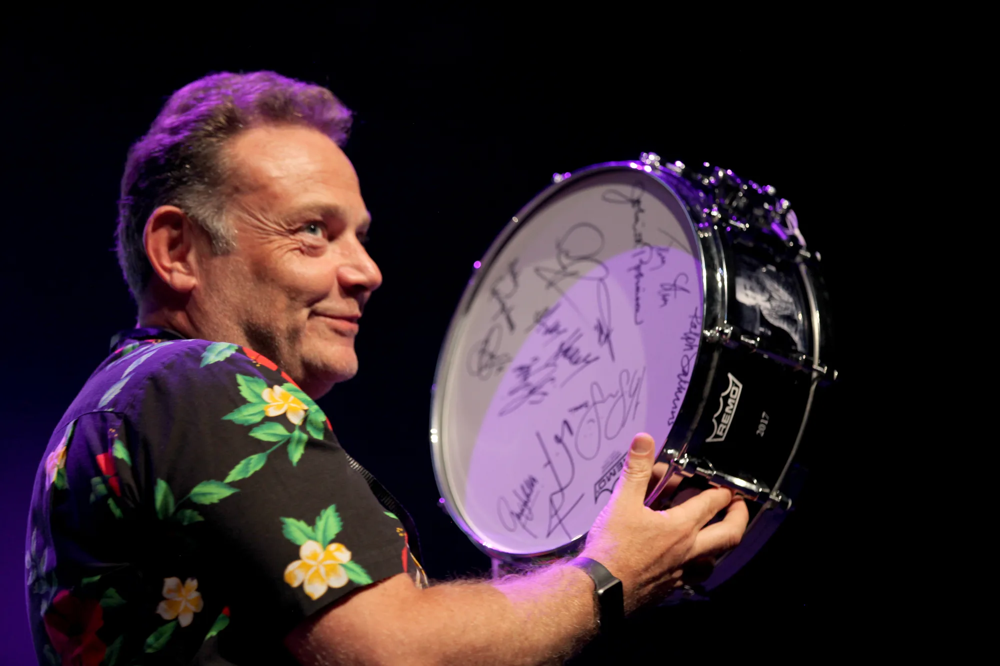 John Thomson with signed Remo prize snare, photography by myb777